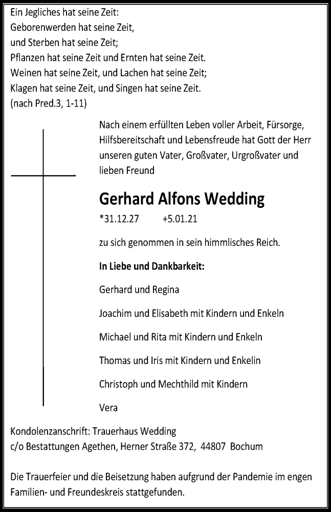 Traueranzeigen Von Gerhard Alfons Wedding Trauer In NRW De