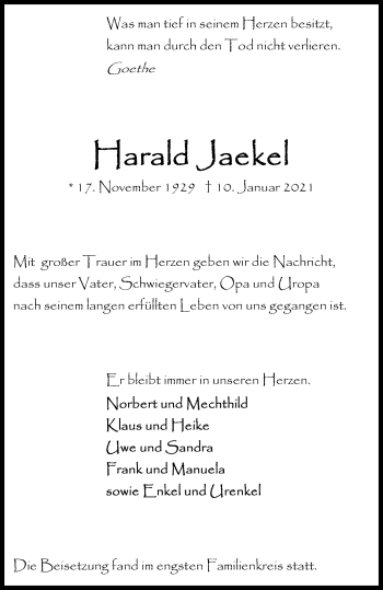 Traueranzeigen Von Harald Jaekel Trauer In Nrw De