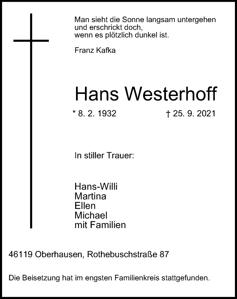 Traueranzeigen Von Hans Westerhoff Trauer In Nrw De