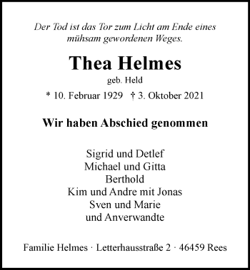 Traueranzeigen Von Thea Helmes Trauer In NRW De