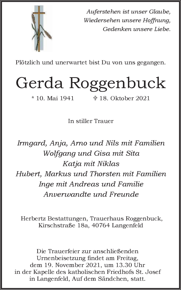 Traueranzeigen Von Gerda Roggenbuck Trauer In NRW De