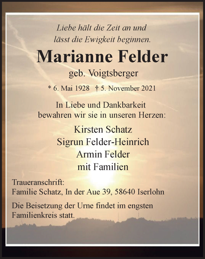 Traueranzeigen Von Marianne Felder Trauer In Nrw De