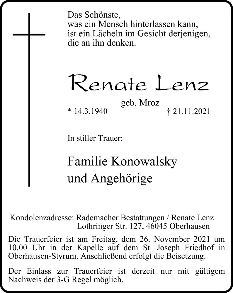 Traueranzeigen Von Renate Lenz Trauer In NRW De