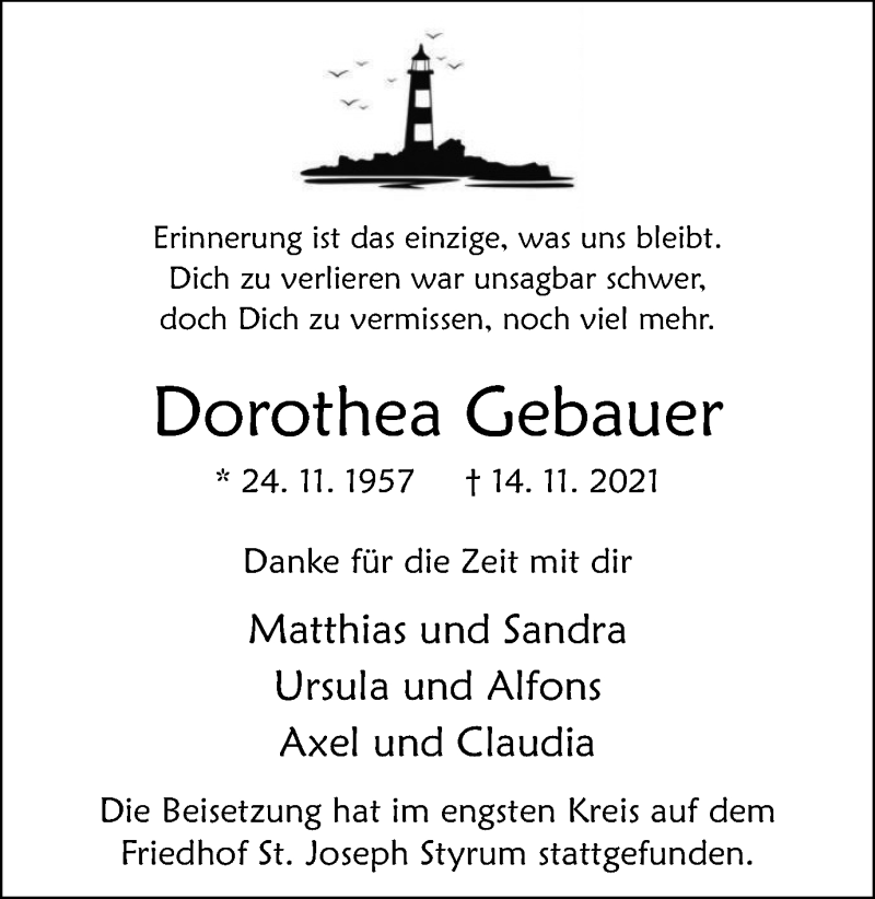 Traueranzeigen Von Dorothea Gebauer Trauer In Nrw De