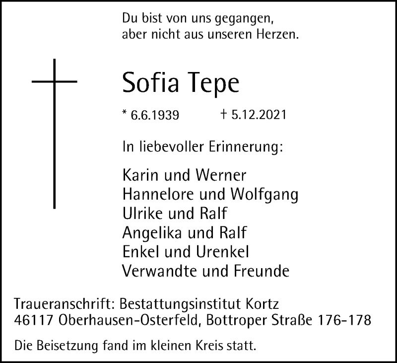 Traueranzeigen Von Sofia Tepe Trauer In NRW De