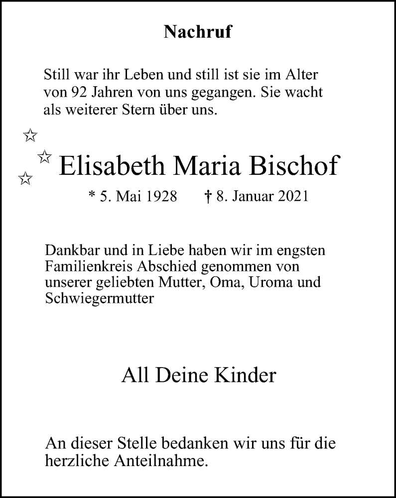 Traueranzeigen Von Elisabeth Maria Bischof Trauer In NRW De