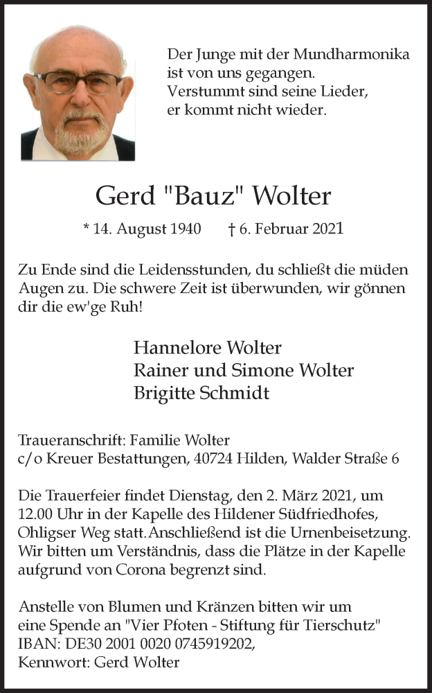 Traueranzeigen Von Gerd Wolter Trauer In Nrw De