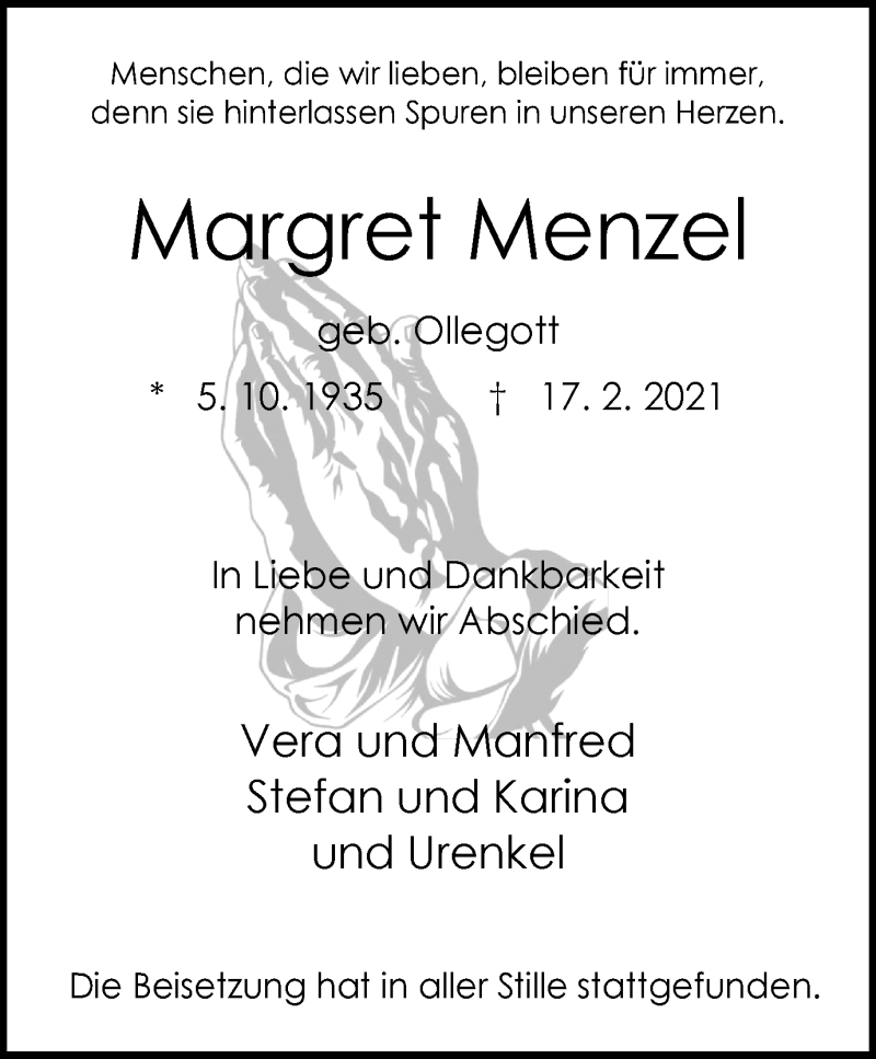 Traueranzeigen Von Margret Menzel Trauer In Nrw De