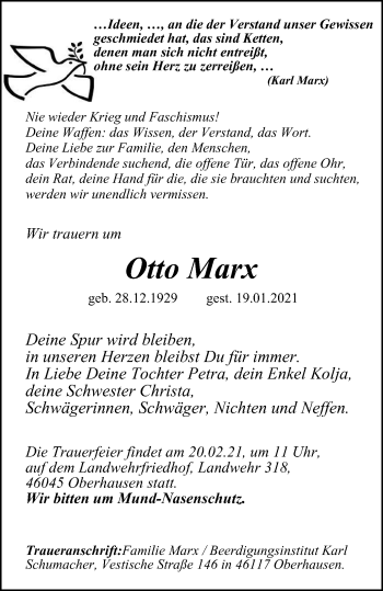 Traueranzeigen Von Otto Marx Trauer In Nrw De