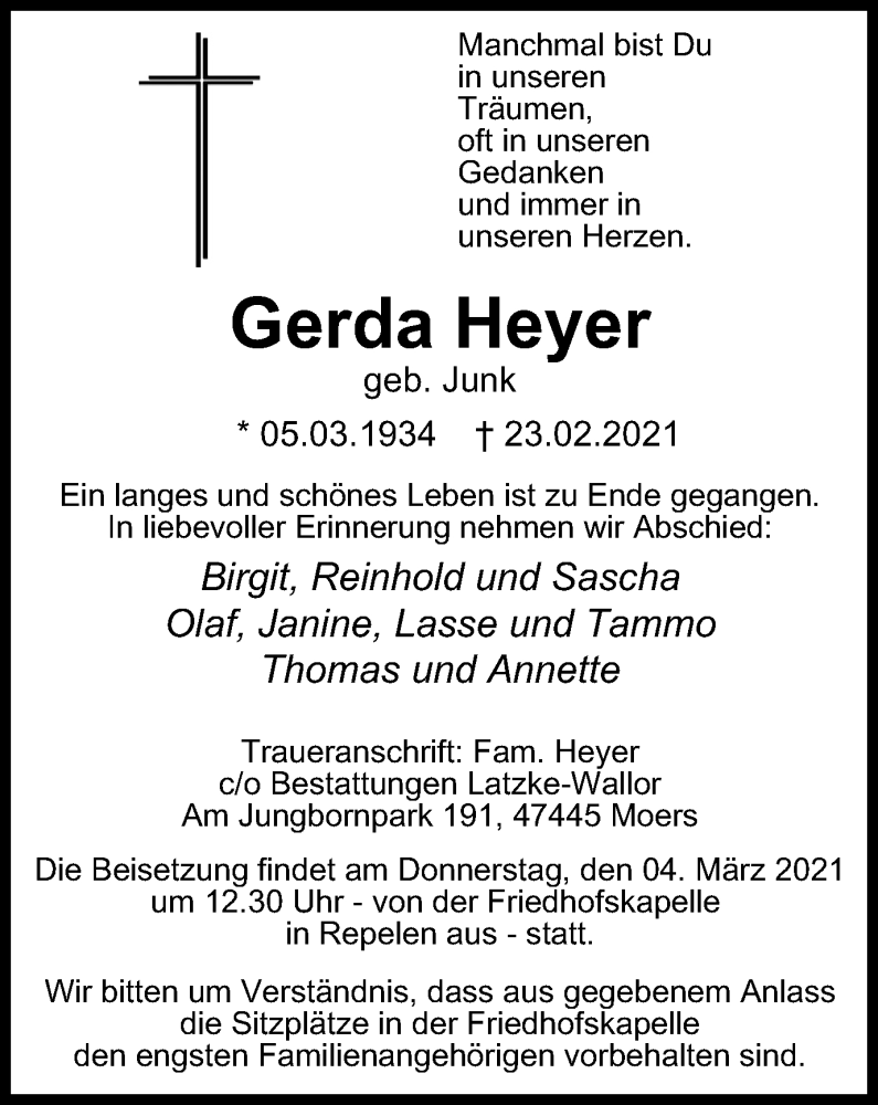 Traueranzeigen Von Gerda Heyer Trauer In Nrw De