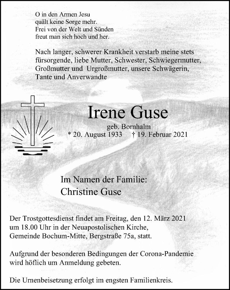 Traueranzeigen Von Irene Guse Trauer In Nrw De