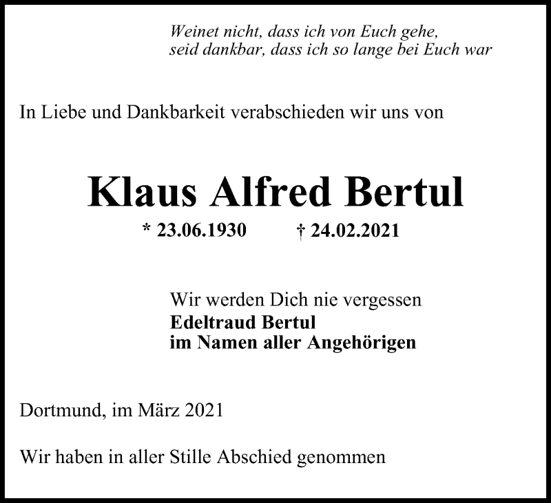  Traueranzeige für Klaus Alfred Bertul vom 20.03.2021 aus WVW Anzeigenblätter