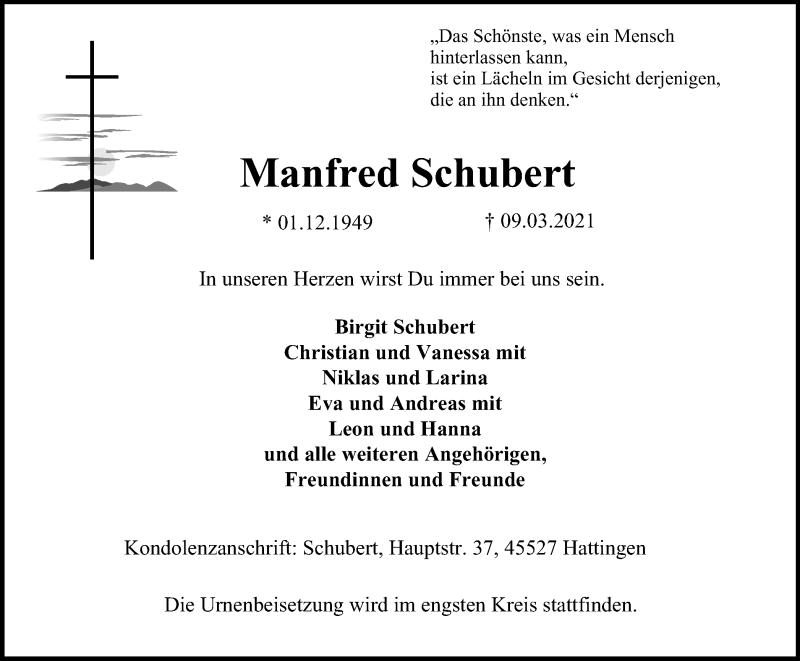 Traueranzeigen Von Manfred Schubert Trauer In Nrw De