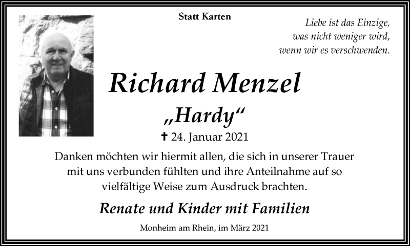 Traueranzeigen Von Richard Menzel Trauer In Nrw De