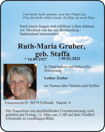 Traueranzeigen Von Ruth Maria Gruber Trauer In NRW De