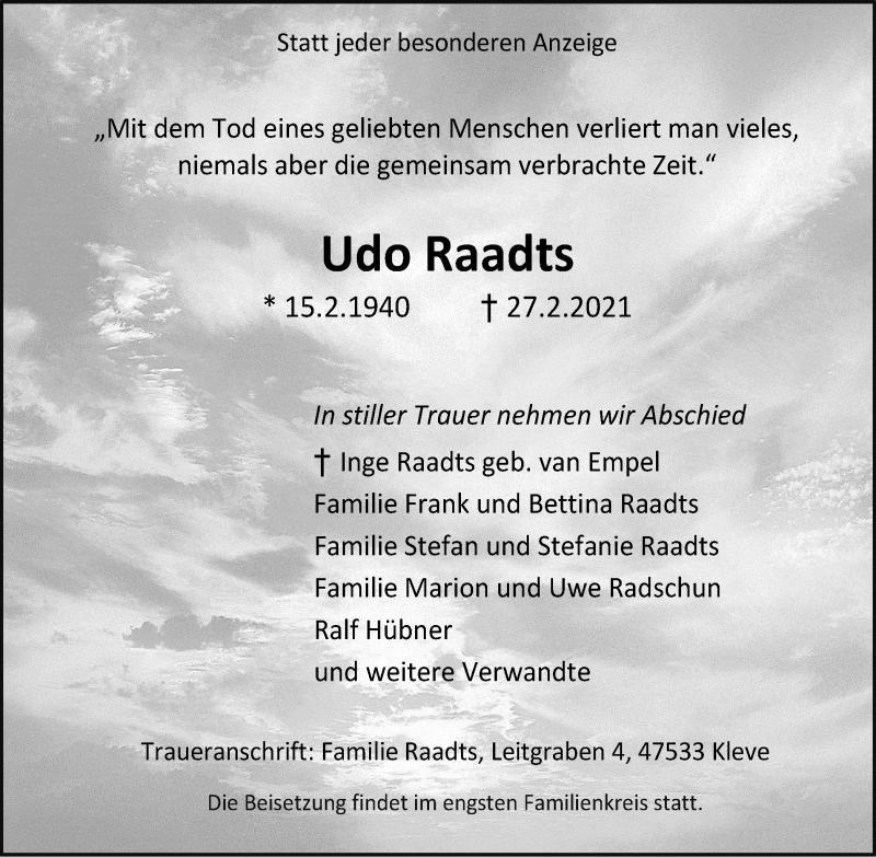 Traueranzeigen Von Udo Raadts Trauer In NRW De