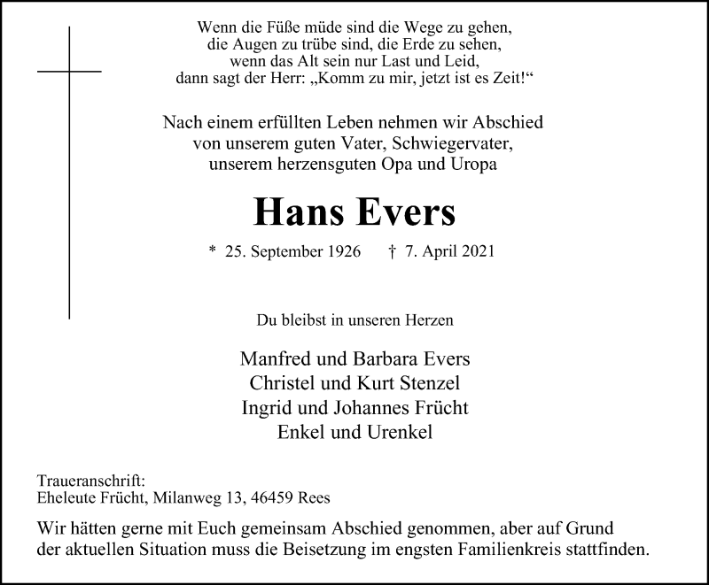 Traueranzeigen Von Hans Evers Trauer In NRW De