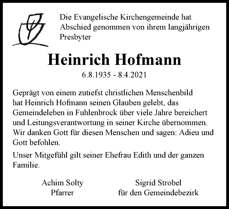 Traueranzeigen Von Heinrich Hofmann Trauer In Nrw De