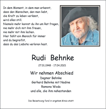 Traueranzeigen Von Rudi Behnke Trauer In Nrw De