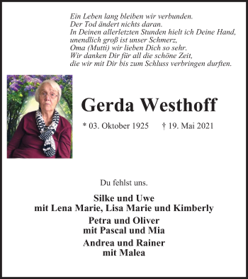 Traueranzeige von Gerda Westhoff von WVW Anzeigenblätter