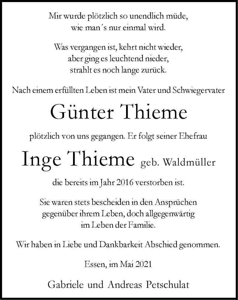 Traueranzeigen Von G Nter Und Inge Thieme Trauer In Nrw De