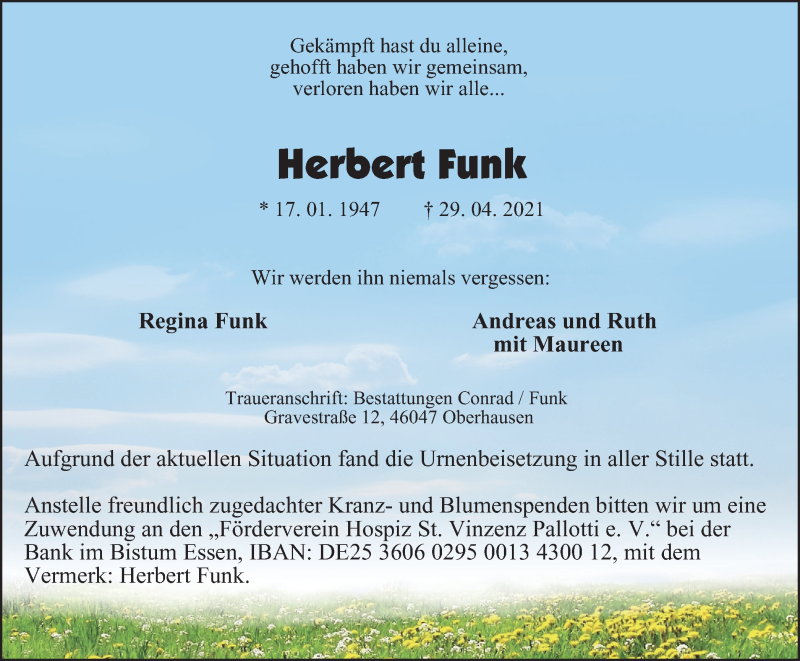 Traueranzeigen Von Herbert Funk Trauer In NRW De