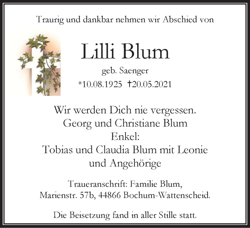 Traueranzeigen Von Lilli Blum Trauer In NRW De