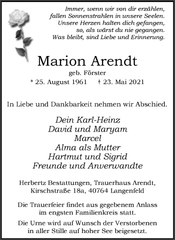 Traueranzeigen Von Marion Arendt Trauer In NRW De