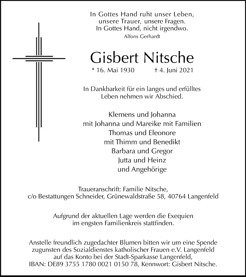 Traueranzeigen Von Gisbert Nitsche Trauer In Nrw De