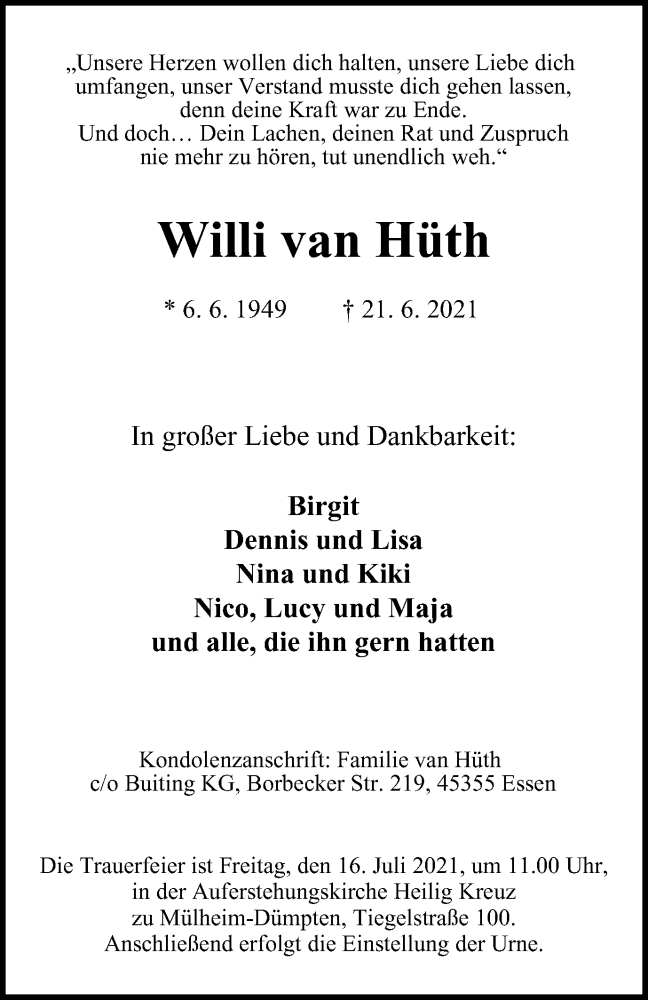 Traueranzeigen Von Willi Van H Th Trauer In Nrw De