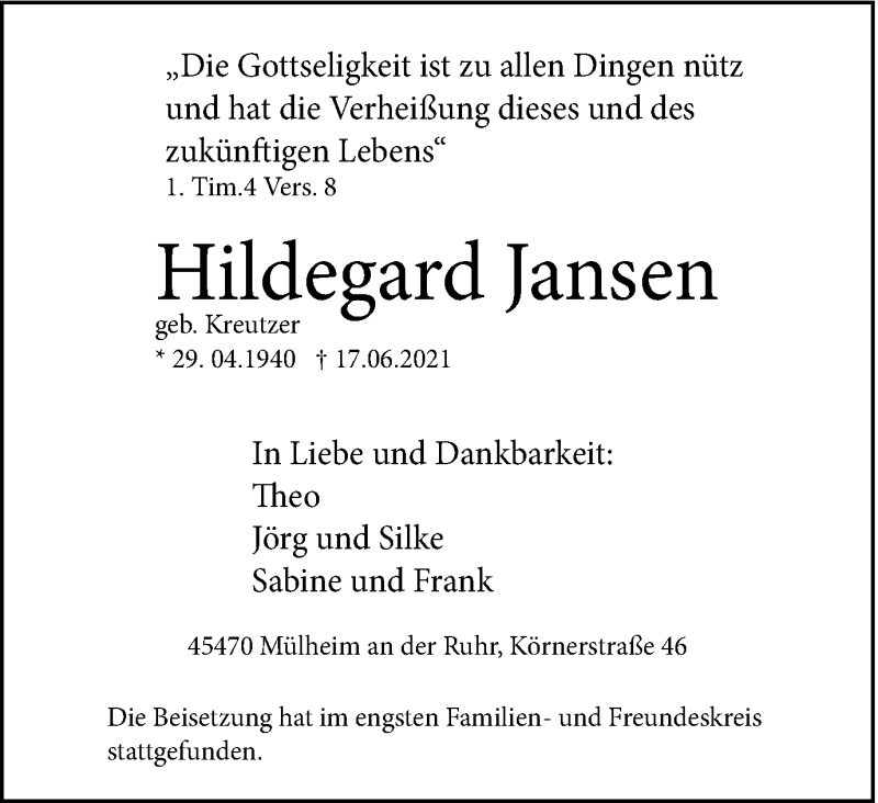 Traueranzeigen Von Hildegard Jansen Trauer In Nrw De