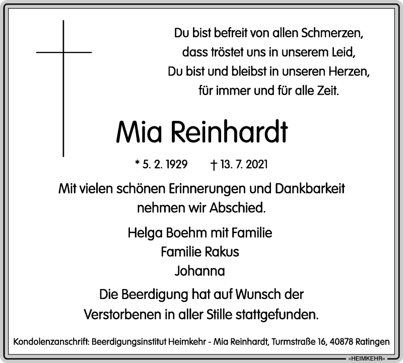 Traueranzeigen Von Mia Reinhardt Trauer In Nrw De