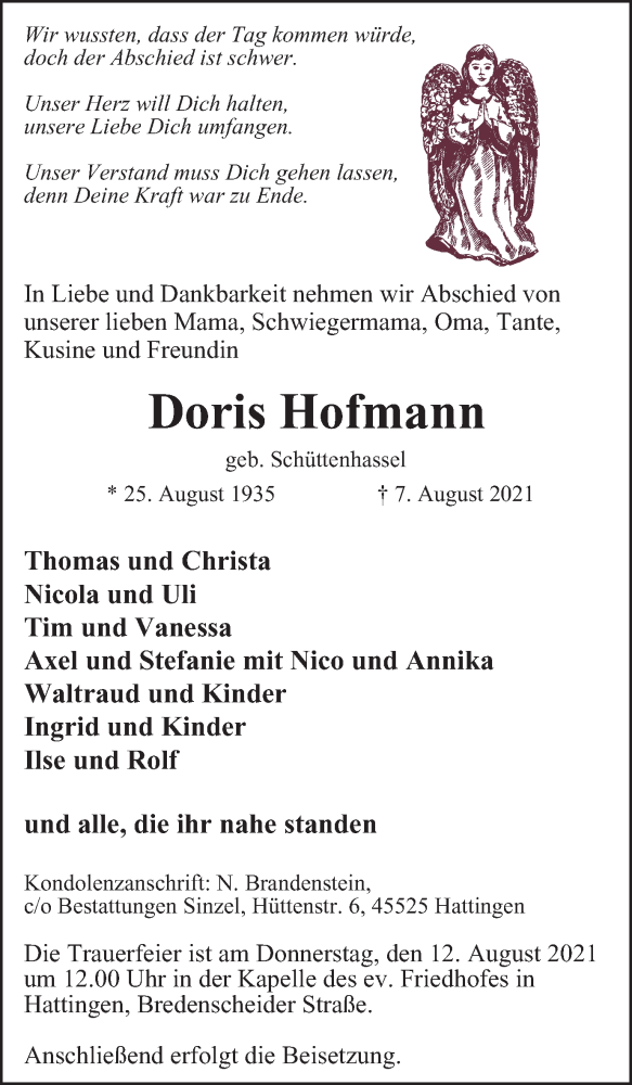 Traueranzeigen Von Doris Hofmann Trauer In NRW De