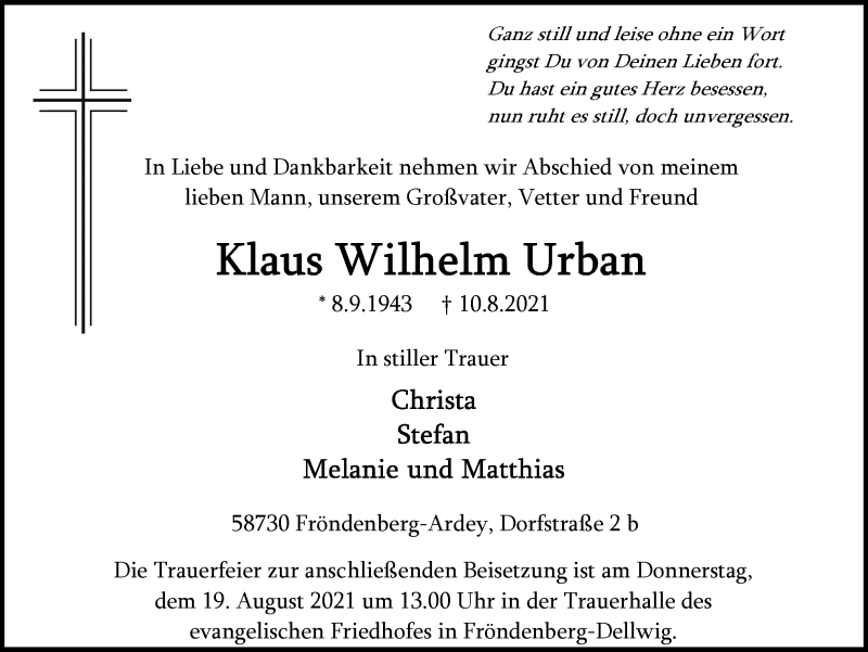 Traueranzeigen Von Klaus Wilhelm Urban Trauer In Nrw De