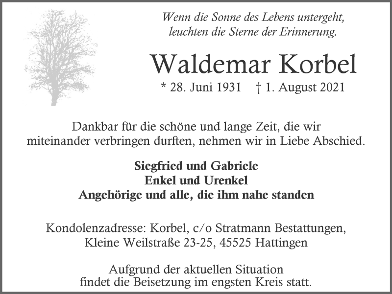 Traueranzeigen Von Waldemar Korbel Trauer In NRW De