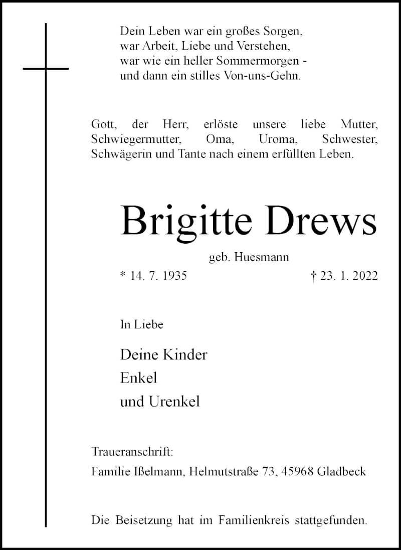 Traueranzeigen Von Brigitte Drews Trauer In NRW De