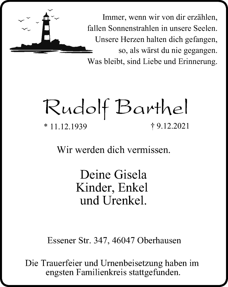 Traueranzeigen Von Rudolf Barthel Trauer In NRW De