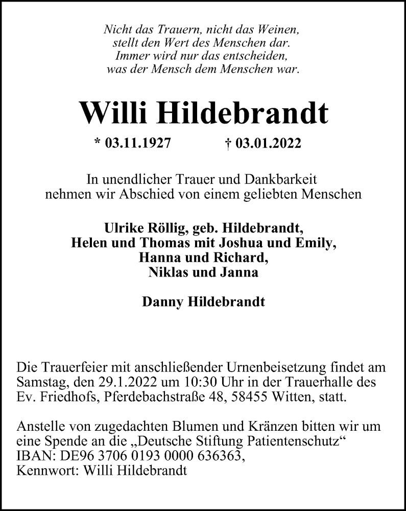 Traueranzeigen Von Willi Hildebrandt Trauer In Nrw De