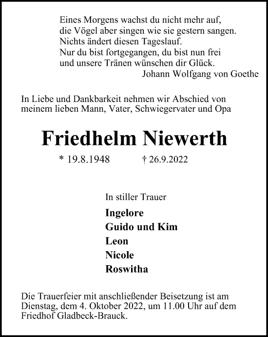 Traueranzeigen Von Friedhelm Niewerth Trauer In Nrw De