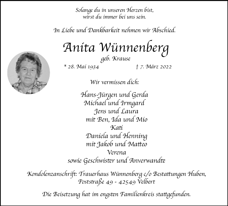 Traueranzeigen Von Anita W Nnenberg Trauer In Nrw De