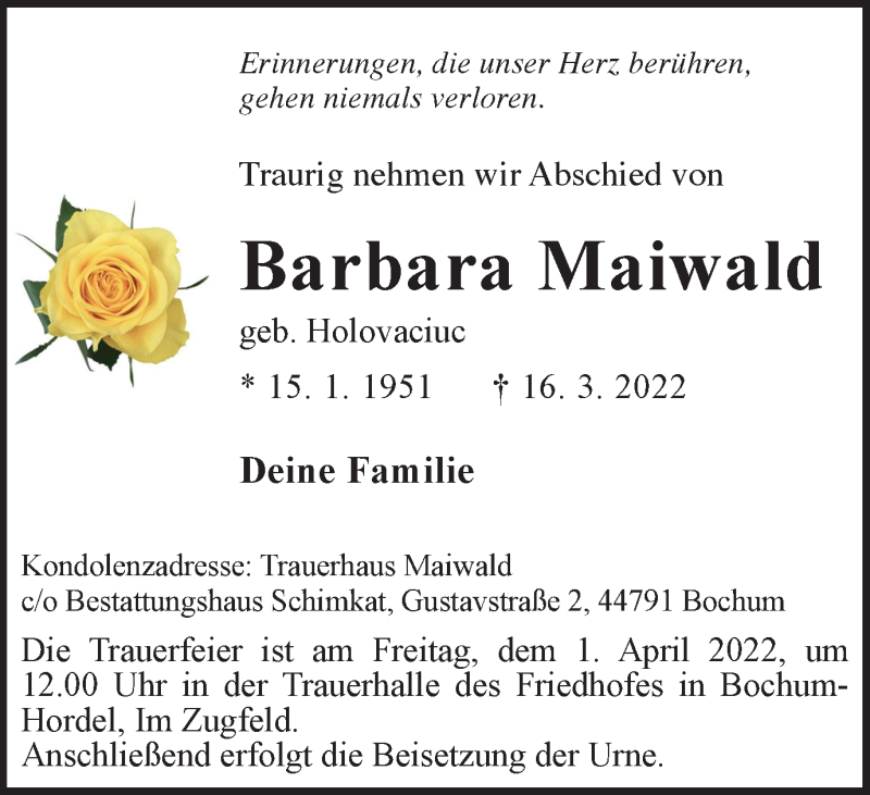 Traueranzeigen Von Barbara Maiwald Trauer In NRW De