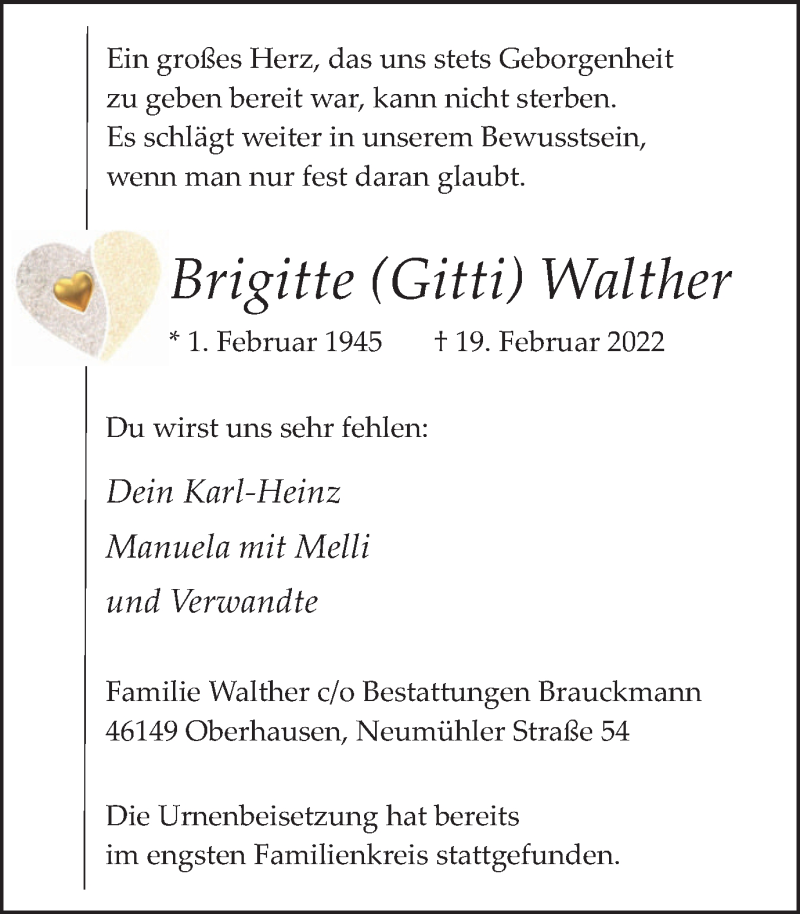 Traueranzeigen Von Brigitte Walther Trauer In NRW De