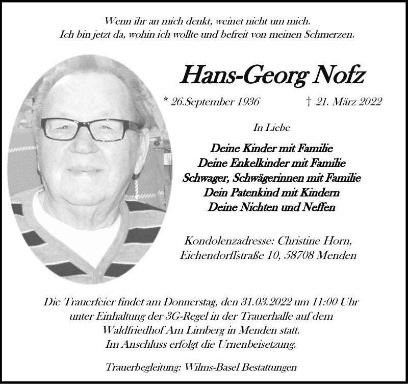 Traueranzeigen Von Hans Georg Nofz Trauer In Nrw De