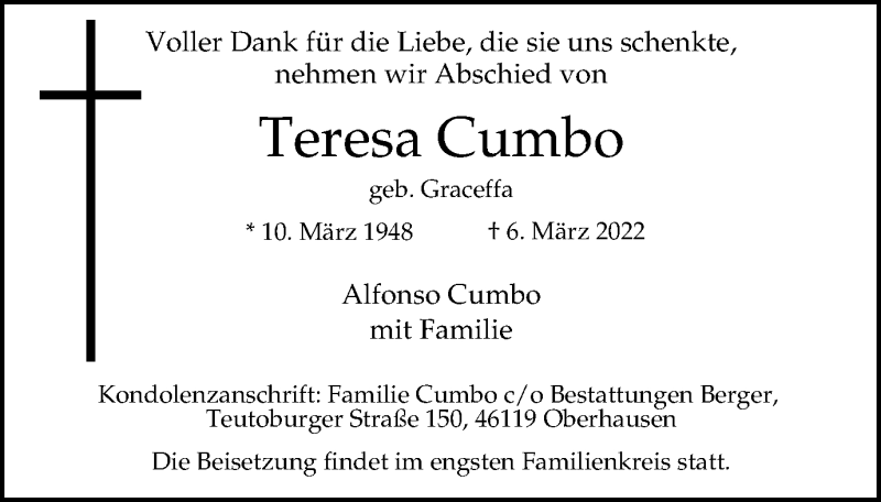 Traueranzeigen Von Teresa Cumbo Trauer In NRW De