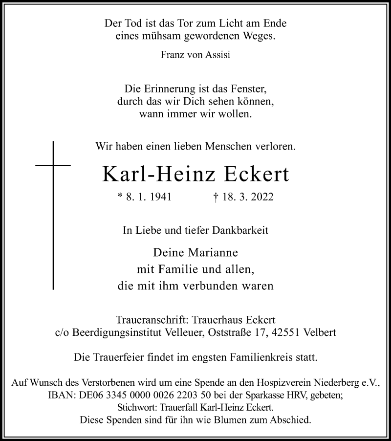 Traueranzeigen Von Karl Heinz Eckert Trauer In NRW De