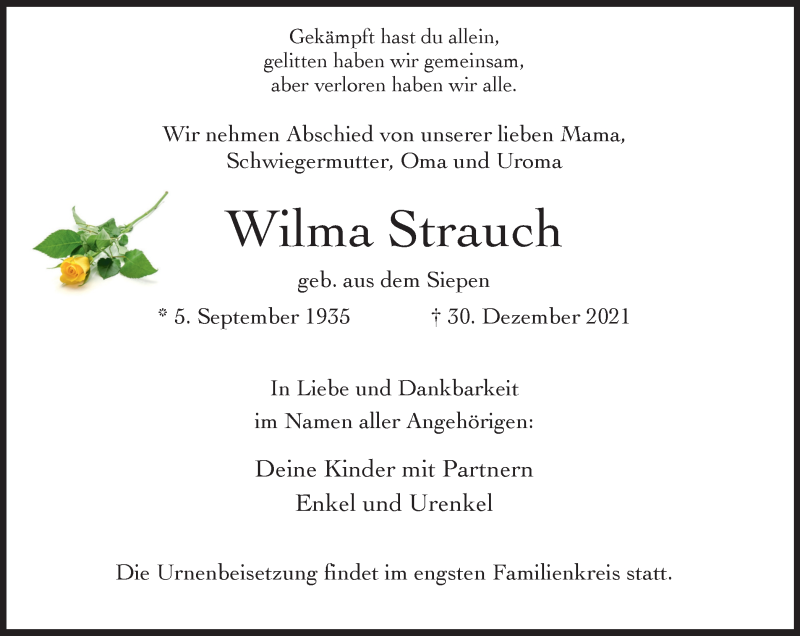 Traueranzeigen Von Wilma Strauch Trauer In NRW De