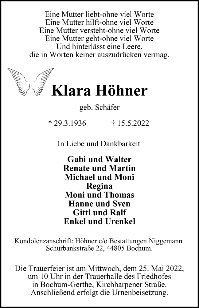 Traueranzeigen von AKlara Höhner Trauer in NRW de