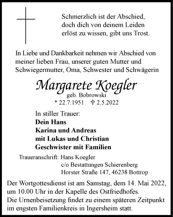 Traueranzeigen Von Margarete Koegler Trauer In Nrw De