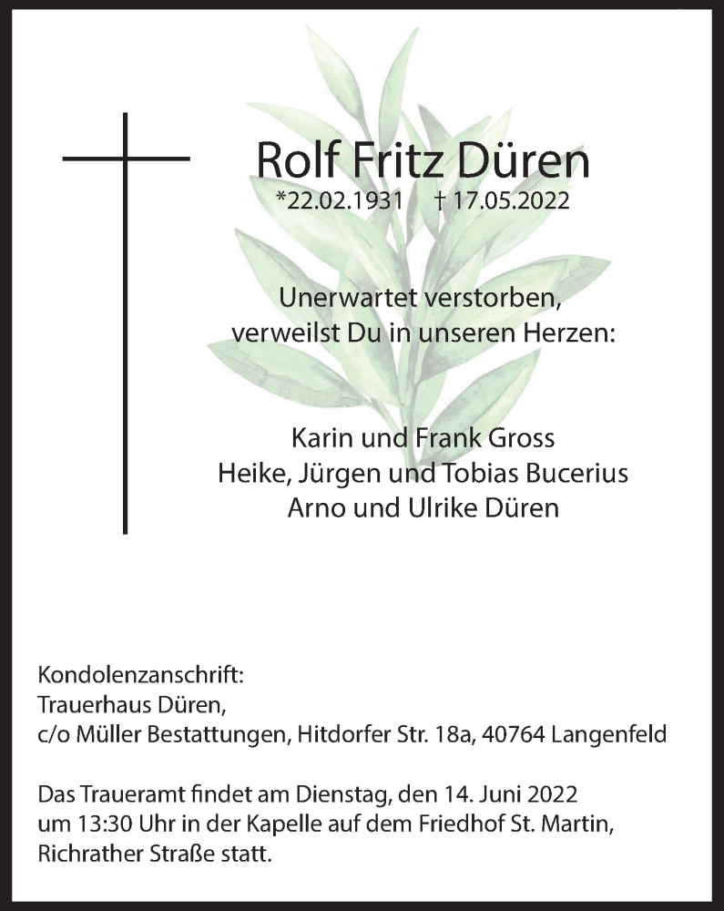 Traueranzeigen Von Rolf Fritz D Ren Trauer In Nrw De