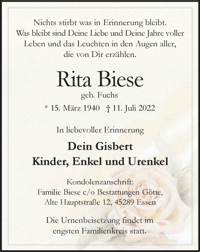 Traueranzeigen Von Rita Biese Trauer In Nrw De